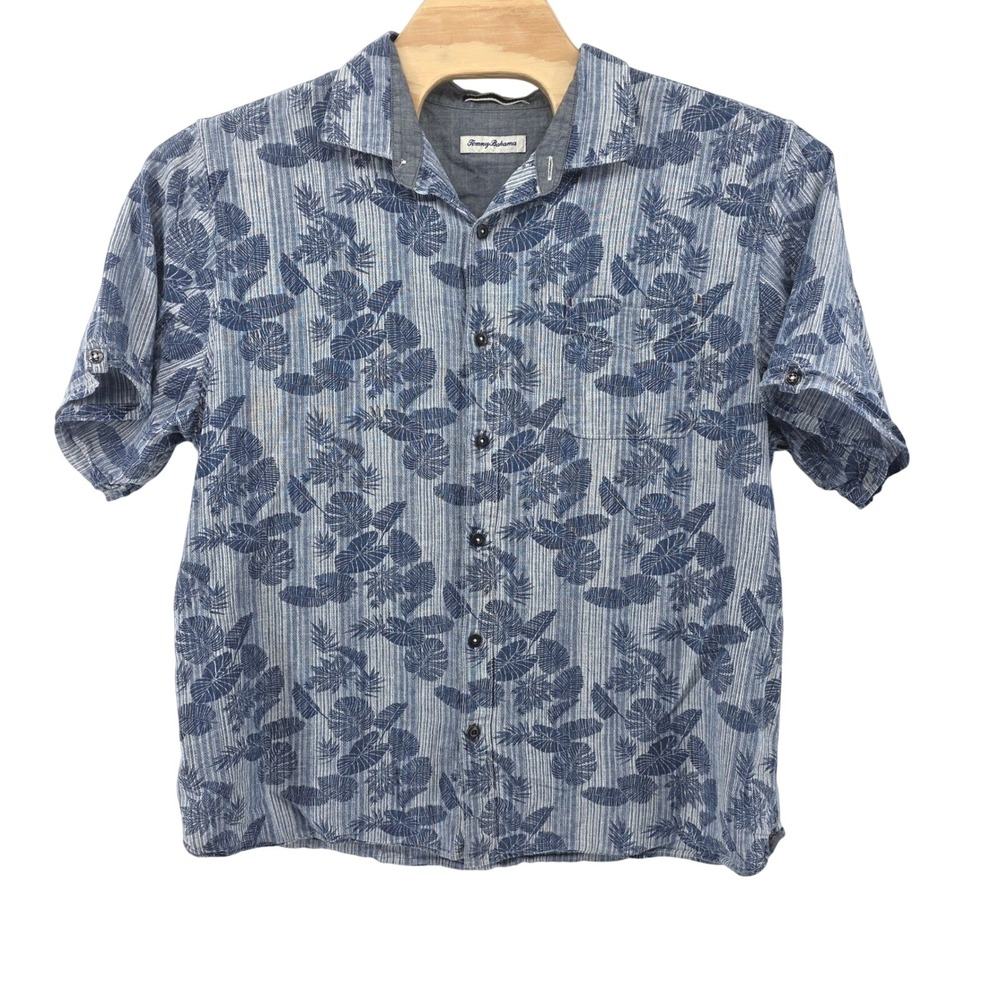Tommy Bahama Mens Blue Tropical Leaf Stripe Linen Cotton Short Sleeve Shirt 2XL - Picture 1 of 6